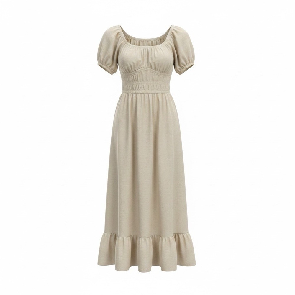 Sim & Sam Rayon Linen Blend Cottagecore Prairie Midi Dress Ivory Puff Sleeve M